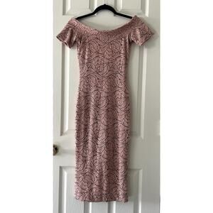 DRESS THE POPULATION Blush Pink Floral Lace Off Shoulder Midi Sheath Dress